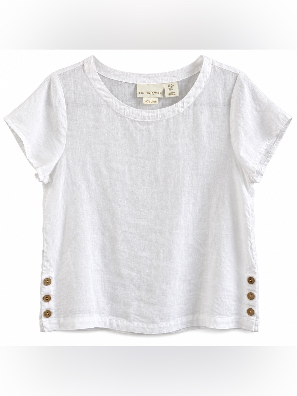 Cynthia Rowley 100% Linen White Side Button Short Sleeve Top Size M